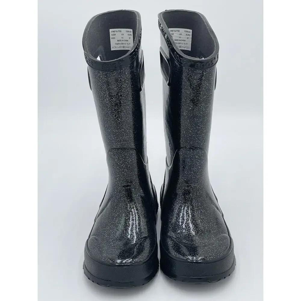 Bogs K NBT Glitter Boots Kids Size 11 Black Waterproof Rain Pull On Mid Calf